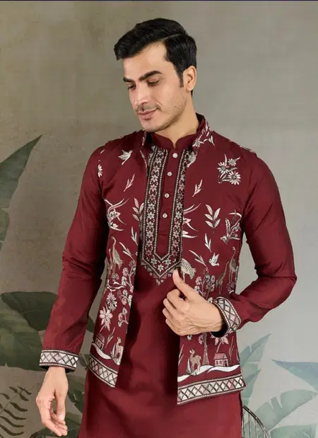 Rajwada Attire 2 by Shubhvastra Viscose Silk Mens Kurta With Koti Bottom Orders In India